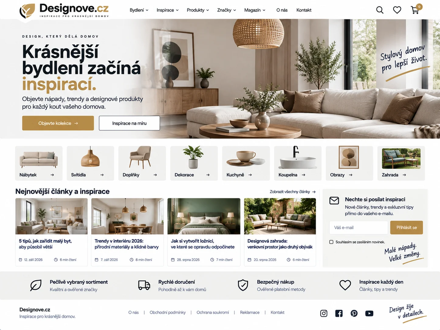 Ilustrační návrh webu Designove.cz s interiérovou inspirací, nábytkem a bytovými doplňky